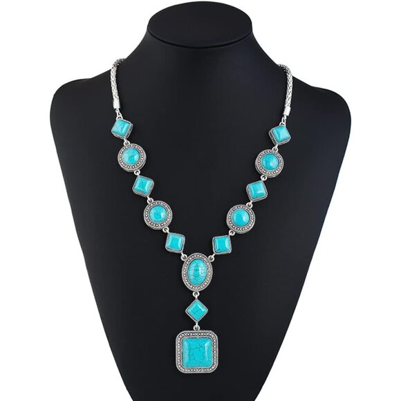 Bohemian Turquoise Necklace Set Alloy Jewelry with Pendant Earrings Bracelets - Picture 4 of 7